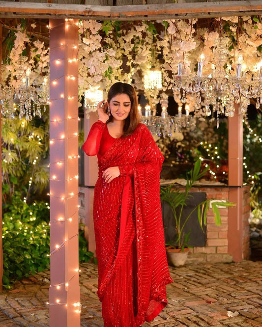 Red Georgette With Embroidery Sequence Work Saree