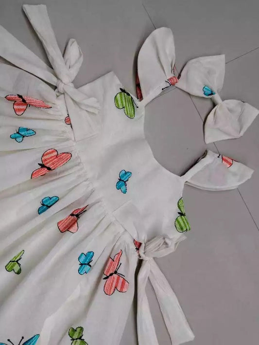 Off White Cotton Frock with Butterfly Embroidery Work
