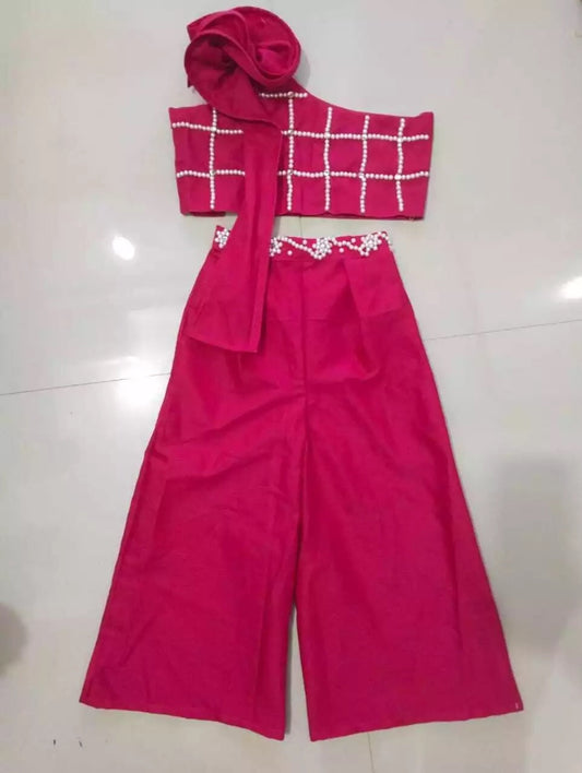 Elegant Bright Pink Cotton Palazzo and One-Shoulder Top Set