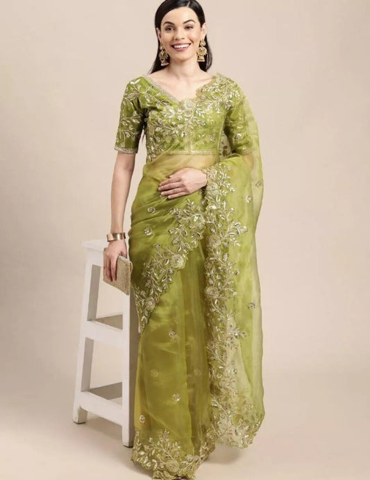 Light Green Soft Organza With All Over Embroidery Work Sari & Blouse
