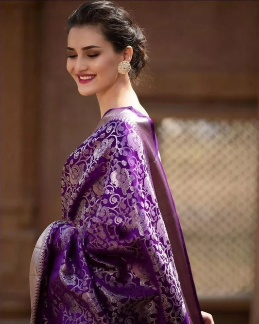 Purple Banarsi Soft Silk Saree & Blouse