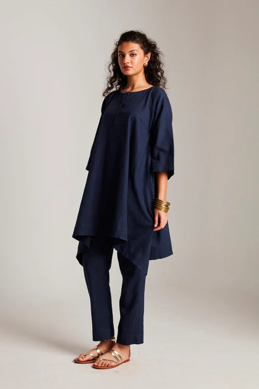 Navy Co-Linen High Low Kurta Set