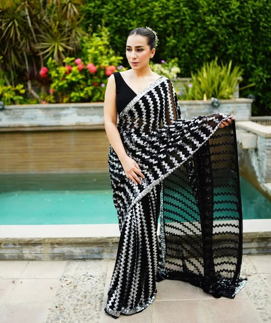 Georgette With Embroidery Sequence Work Sari & Blouse