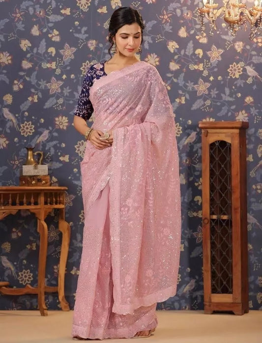 Classic Stylish Georgette Saree,Party Wedding Wear Sari Blouse