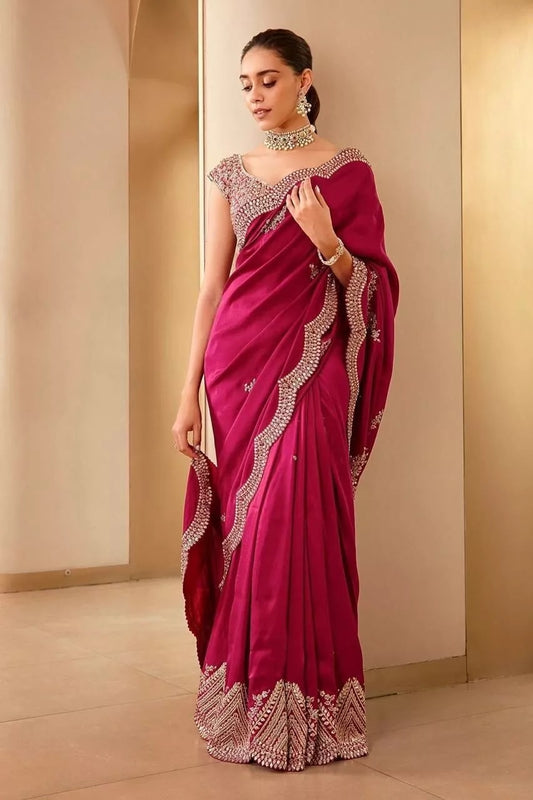 Wedding Pure Soft Glooming Vichitra Silk Saree,Traditional Sari & Blouse