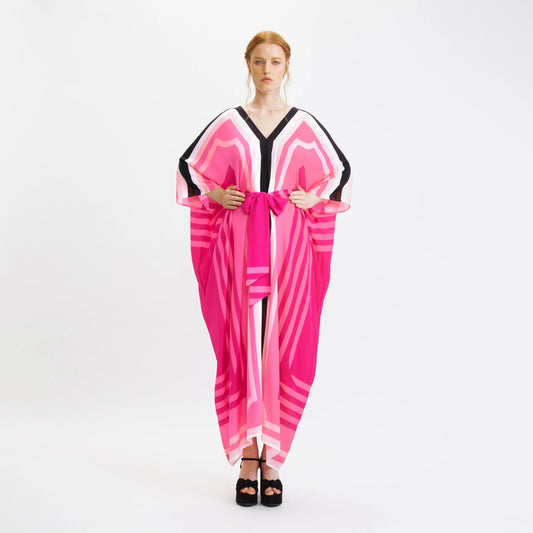 Pink Silk Crepe Kaftan With Belt, Caftan For Women's