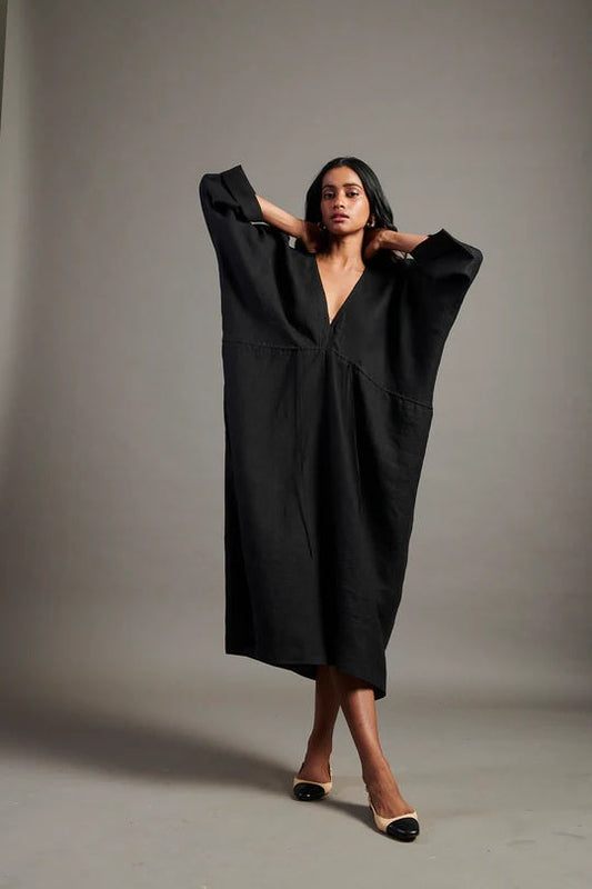 Linen Gathered Kaftan Dress