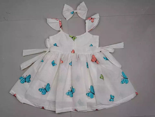 Off White Cotton Frock with Butterfly Embroidery Work