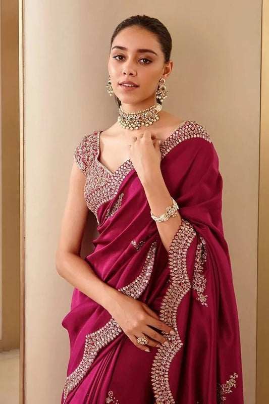 Wedding Pure Soft Glooming Vichitra Silk Saree,Traditional Sari & Blouse