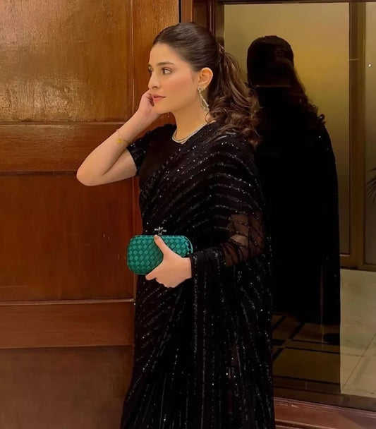 Black Georgette With&Embroidery Sequence Work Sari & Blouse