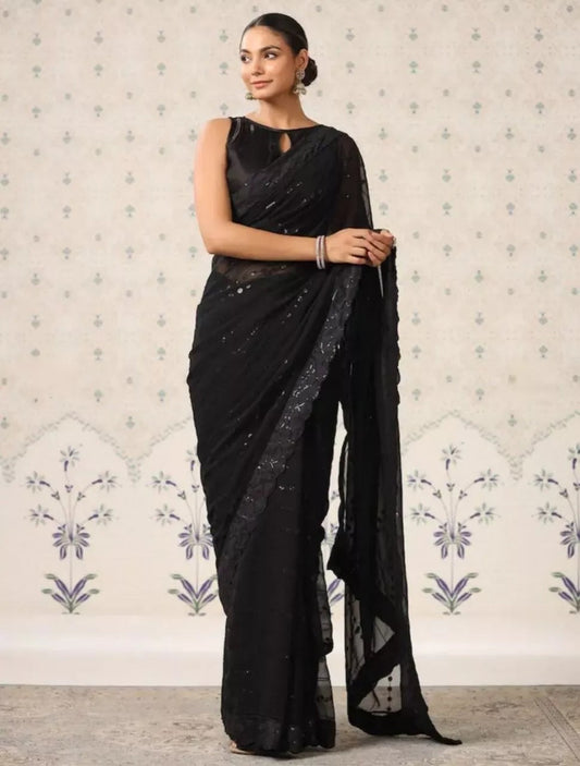 Black Georgette & Sequence Embroidery Work Saree & Blouse