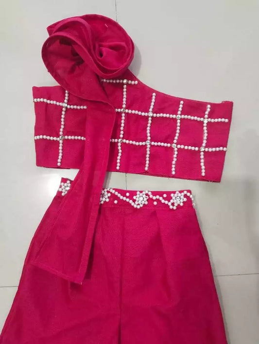 Elegant Bright Pink Cotton Palazzo and One-Shoulder Top Set