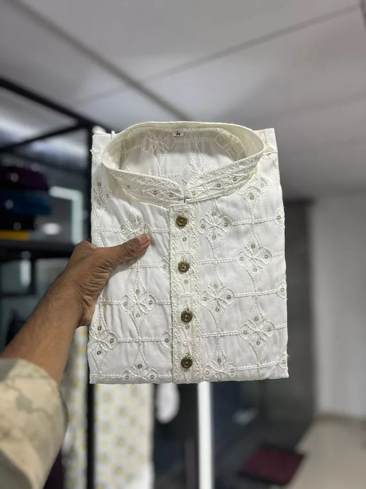 Designer Cotton With Heavy Machine Embroidery Kurta Pajama Set For Men's