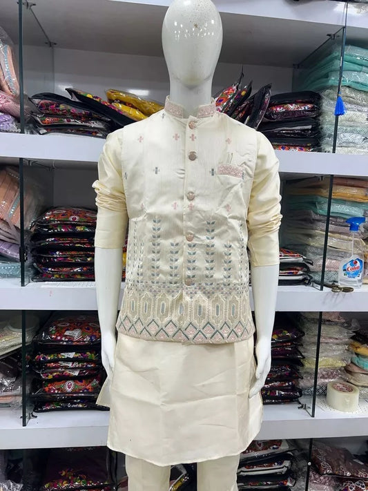 Men's Heavy Banglori Silk With Embroidery Work Koti Kurta Polo Pant Set