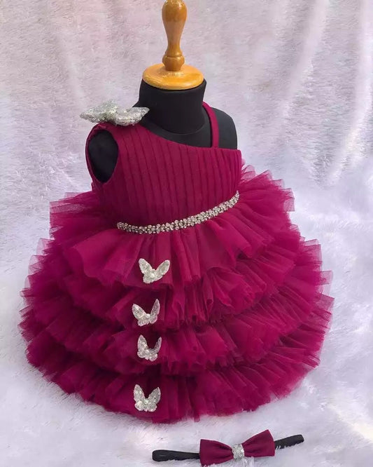 Lovely Sequins Bow and Diamond Belt Net Frock for Baby Girls