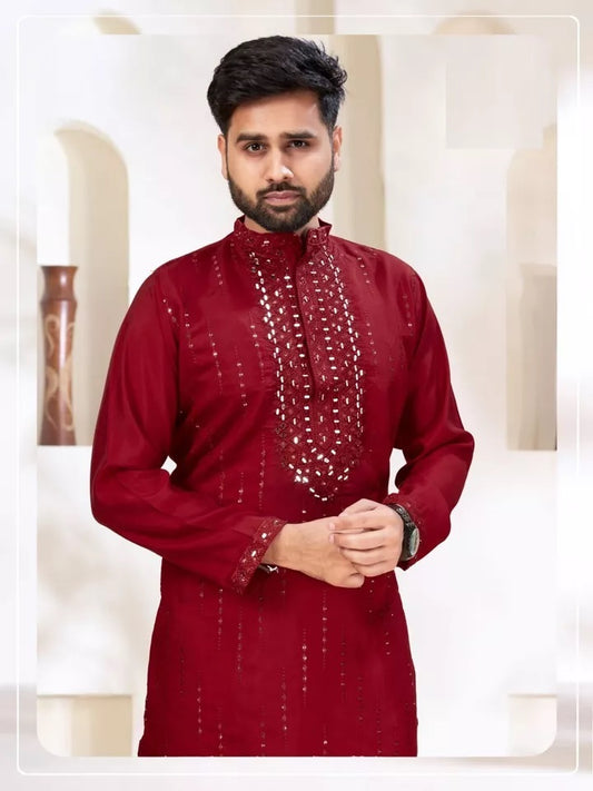 Classic Beautiful Exclusive Stitched 14 Kg Roman Silk Kurta Pajama For Men's