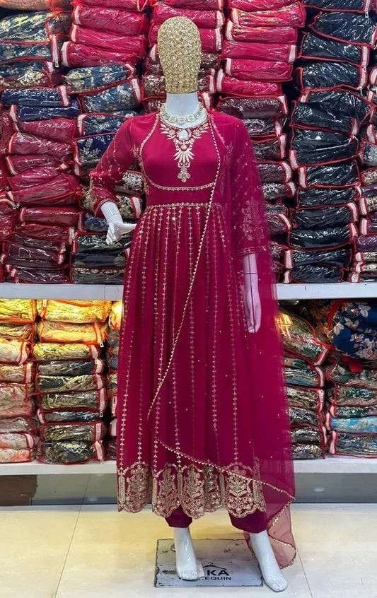 Classic Ethnic Stitched Pure Faux Georgette Long Anarkali Gown Pant Dupatta