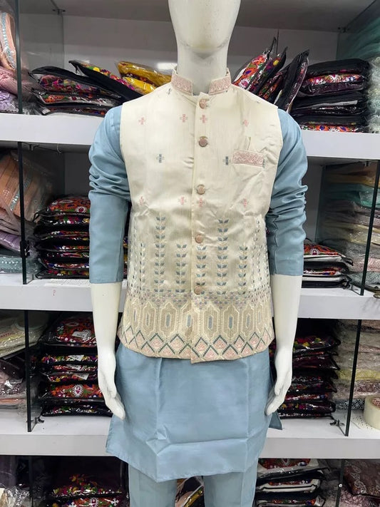 Men's Heavy Banglori Silk With Embroidery Work Koti Kurta Polo Pant Set