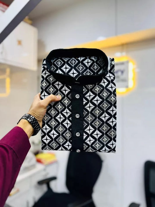 Soft Silk With White Embroidery Thread Work Kurta Pajama Set For Men's