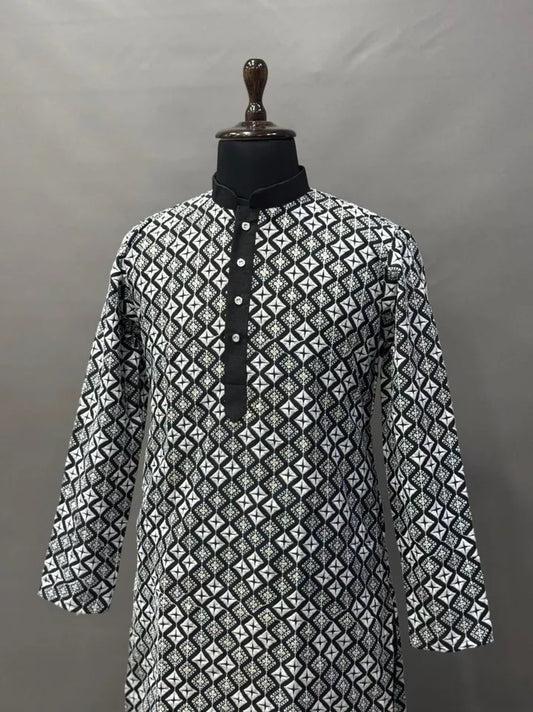 Soft Silk With White Embroidery Thread Work Kurta Pajama Set For Men's