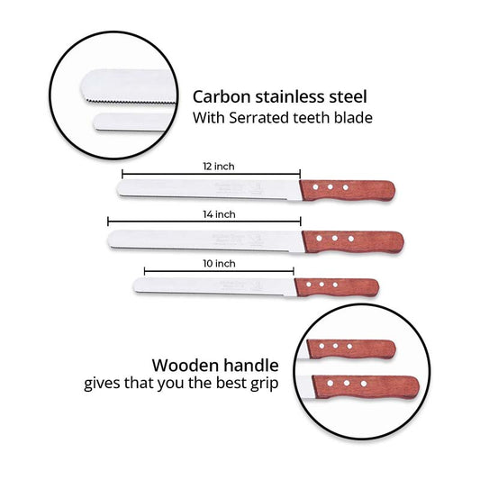 Serrated Stainless Steel Bread Knife With Wooden Handle | 10" and 14" | Set of 2