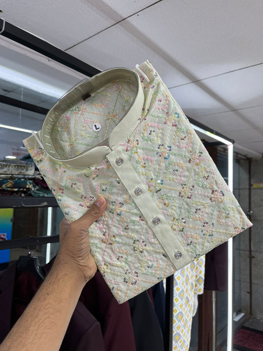 Soft Cotton With Embroidery Work Kurta Pajama Set