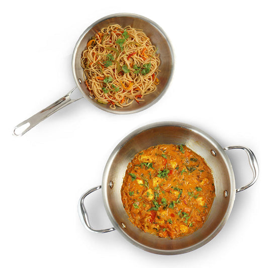 Allo Aria CookSafe Triply Stainless Steel Kadhai With Lid & Frypan |Non Stick | Set Of 2