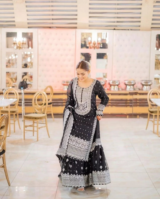 Faux Georgette Sequence Work With Front Side Work Top Sharara With Dupatta