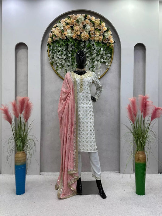 Faux Georgette Traditional Style Top Pant & Dupatta Set