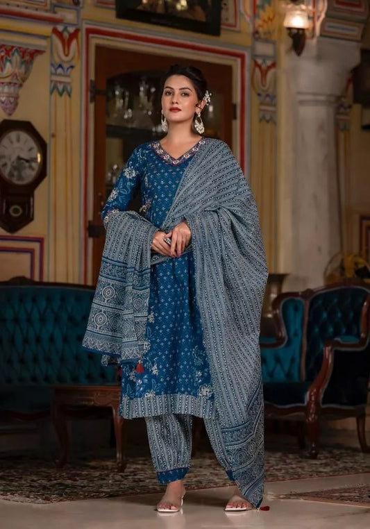 Women's Cotton Salwar Kameez Set , Embroidery And Mirror Work  Printed Design