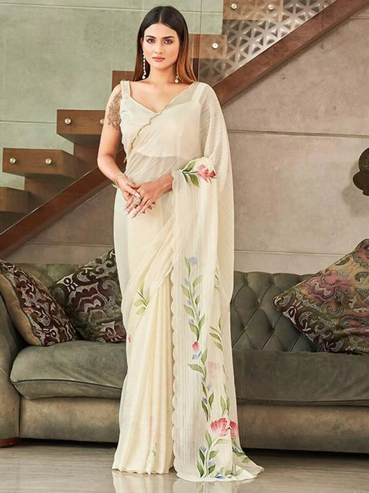 Ethnic Wear Moss Chiffon Saree With Blouse