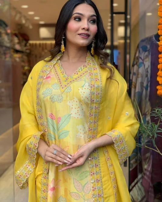 Function Pure Muslin Digital Print With Embroidery Work Kurti Bottom Dupatta