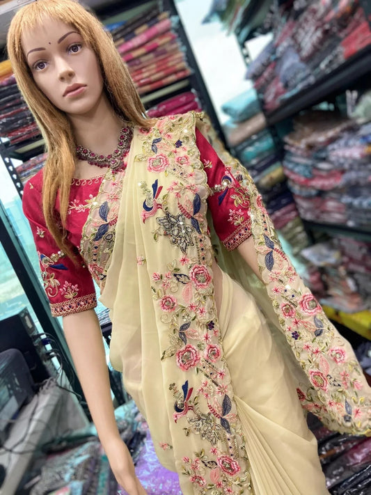 Georgette With Embroidery Work  Designer Saree & Blouse