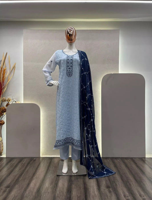 Full Stitched Faux Georgette Top Pant & Dupatta Set