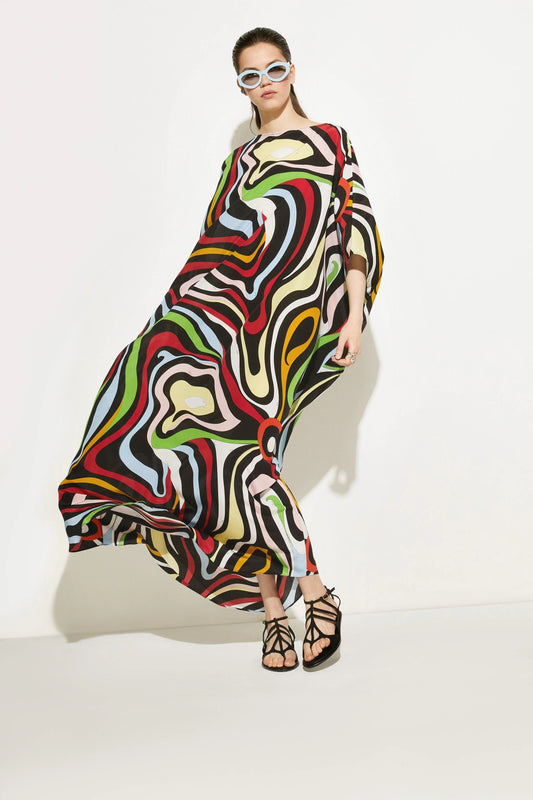 Women Printed Multi Color Caftan, Long Silk Crepe Kaftan