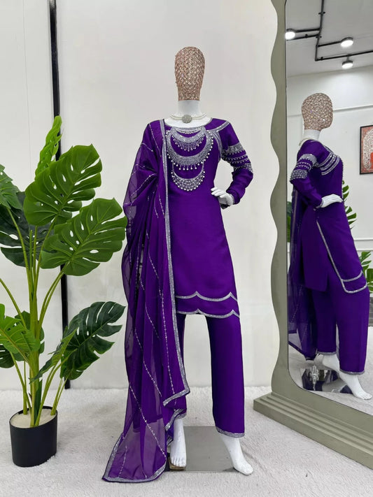 Chinon Silk Bollywood Designer Stylish Top Pant & Dupatta