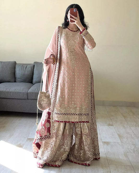 Indian Wedding Special Ethnic Stitched Faux Georgette Top Sharara Dupatta