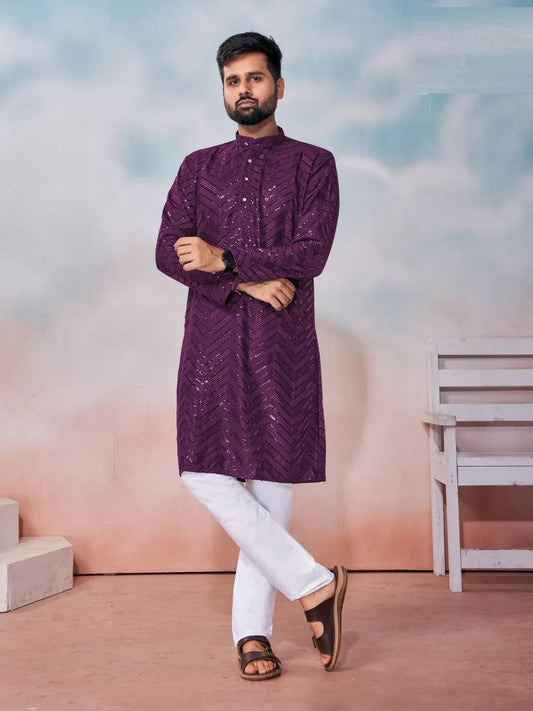 Heavy Rayon Chikan Work Kurta Pajama Combo For Men's