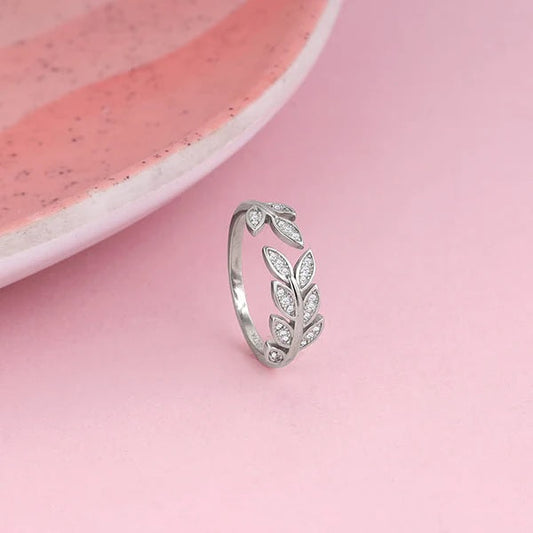 Silver Zircon Leaf Ring