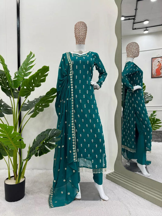 Traditional Fancy Wear Faux Georgette Top Pant With Dupatta