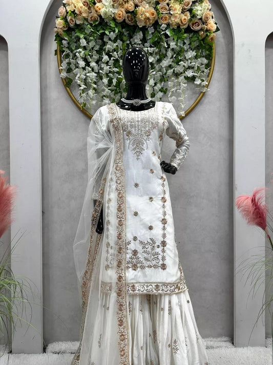 Chinon Silk Traditional Wedding Wear Latest Top Sharara & Dupatta