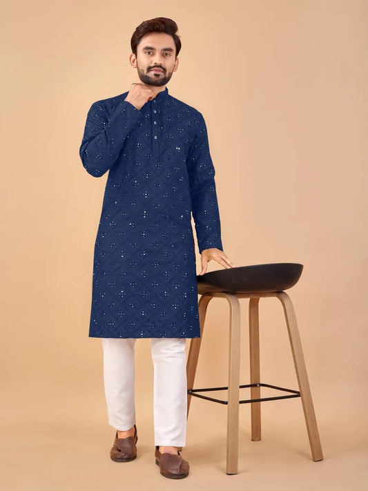 Soft Cotton Embroidery Mirror Work Men's Kurta Pajama Set