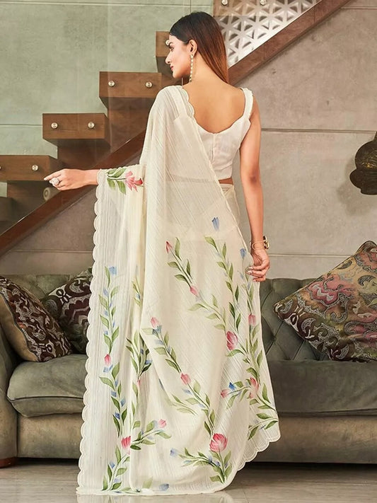 Ethnic Wear Moss Chiffon Saree With Blouse