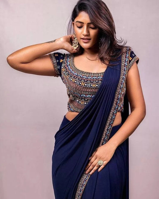 Soft Georgette With Embroidery Lace Border Ready To Wear Sari With Blouse