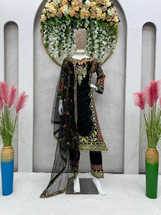 Faux Georgette Indian Ethnic Top Pant & Dupatta Set