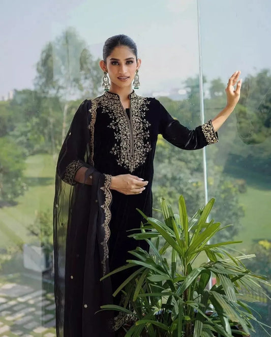 Velvet Fabric Sequence Work Top & Pant Dupatta