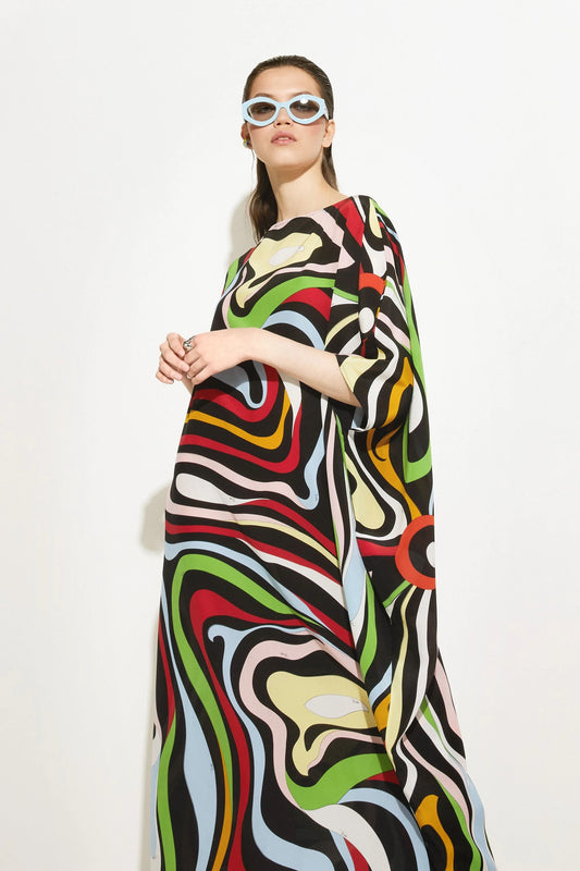 Women Printed Multi Color Caftan, Long Silk Crepe Kaftan