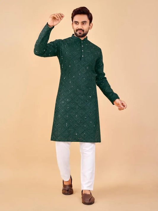 Soft Cotton Embroidery Mirror Work Men's Kurta Pajama Set