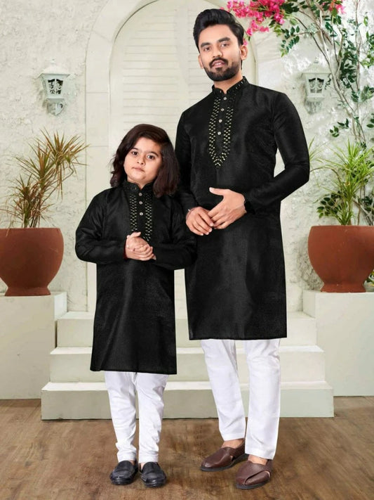 Silk Kurta Pajama Set For Men's & Kid's Combo Set