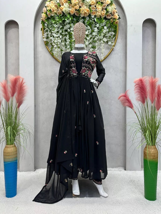 Faux Georgette Bollywood Full Stitched Kurti Shrug & Pant Dupatta